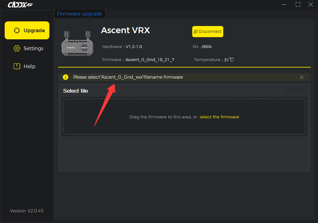 Ascent VRX Firmware Update in PC Tool